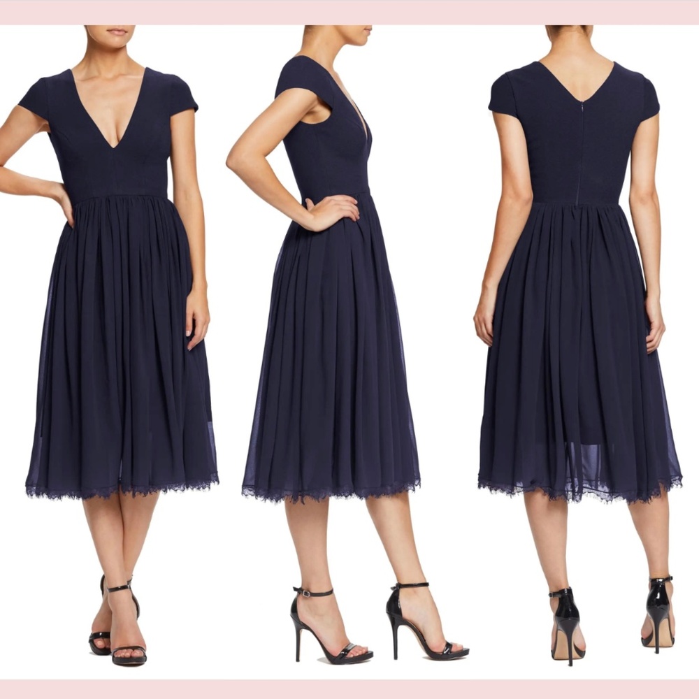 NEW Dress the Population [ Small ] Corey Chiffon Fit &‎ Flare Dress Blue